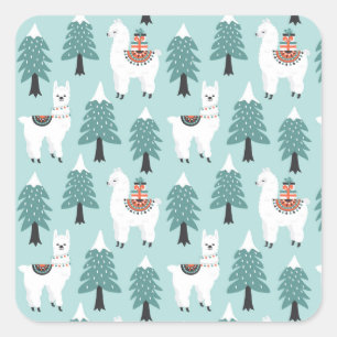 Christmas tree and cute lama pattern square sticker