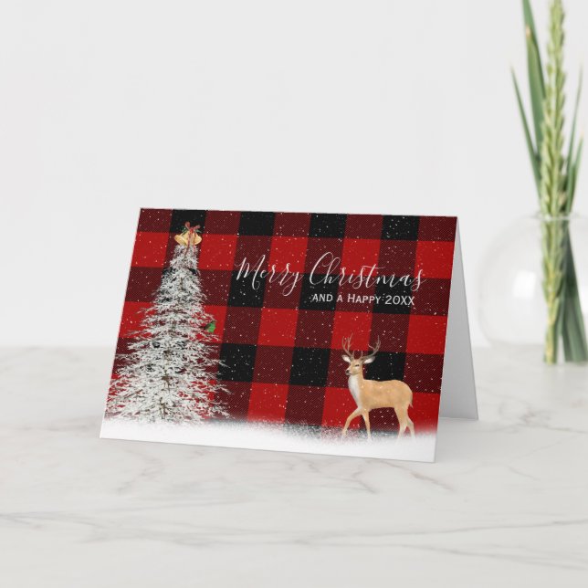 Christmas Tree  And Deer on Plaid Card (Front)