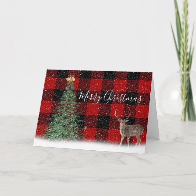 Christmas Tree and Deer on Plaid Card (Front)