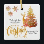 Christmas Tree and Deer Soon to be Family of Three Ceramic Ornament<br><div class="desc">This elegant Christmas ornament for your holiday pregnancy announcement is a great keepsake and easy to personalise for grandparents, aunts etc. The design features a christmas tree and a sweet deer, snowflakes and handlettered typography in gold. The pregnancy announcement wording reads "the best gifts don't come under a tree, wishing...</div>