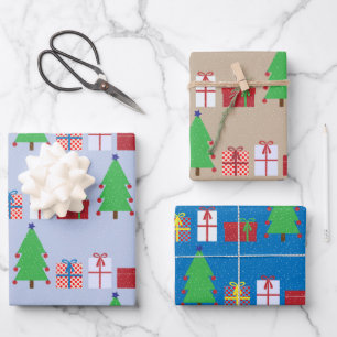 Christmas Tree and Gifts Blue Beige and Colourful Wrapping Paper Sheet