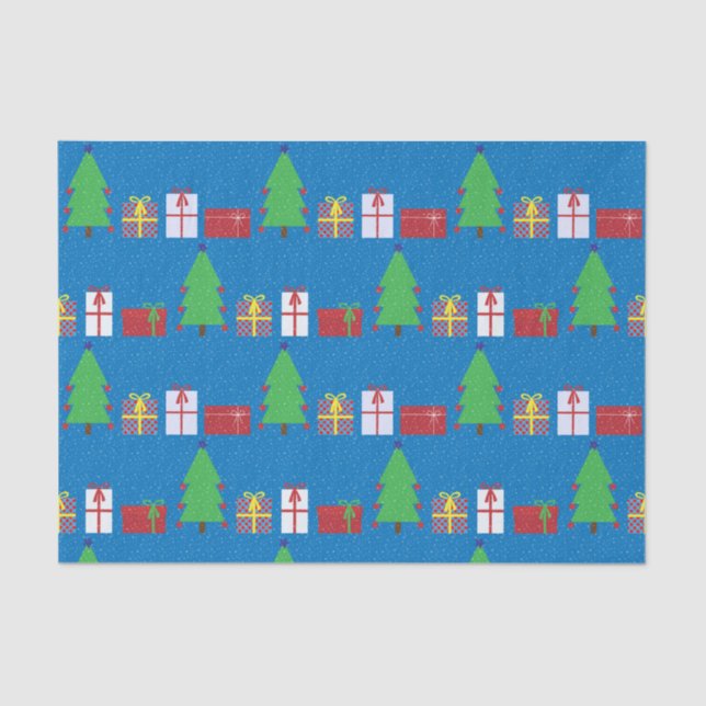 Christmas Tree and Gifts on Blue Tissue Paper (Front)