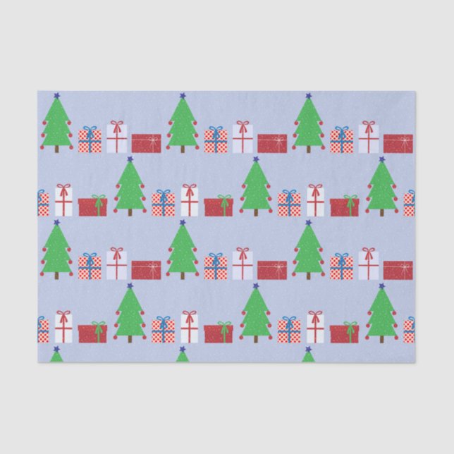 Christmas Tree and Gifts on Light Blue Tissue Paper (Front)