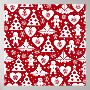 Christmas Tree and Gingerbread Man Pattern on Red Poster