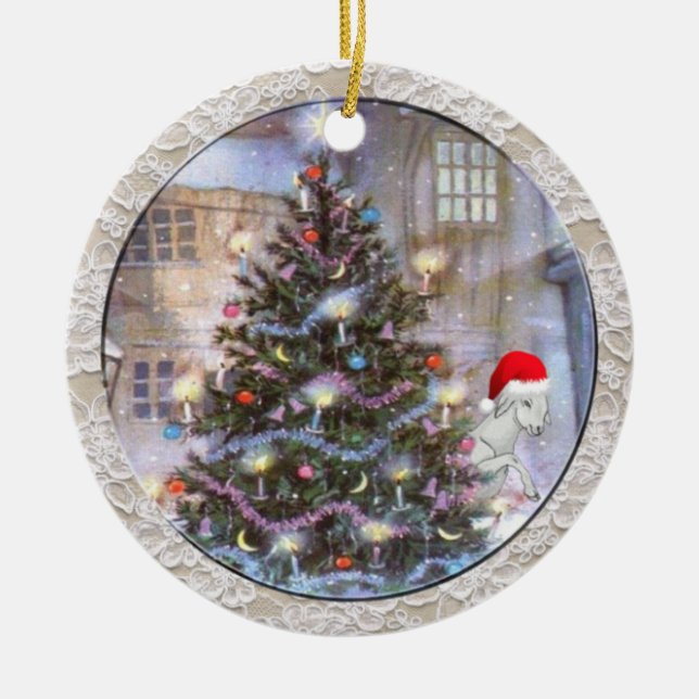 Christmas Tree and Goat in Santa Hat Ceramic Tree Decoration (Front)