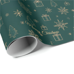 Christmas Tree And Gold Star Green Wrapping Paper