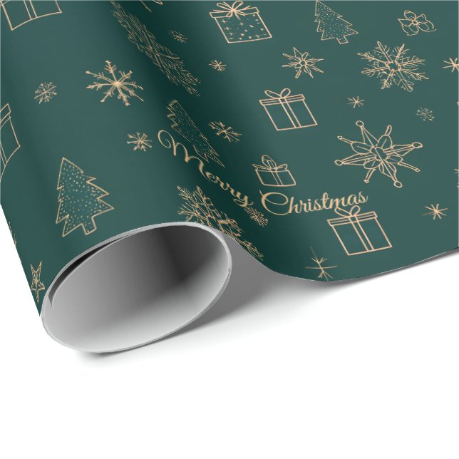 Christmas Tree And Gold Star Green Wrapping Paper (Roll Corner)