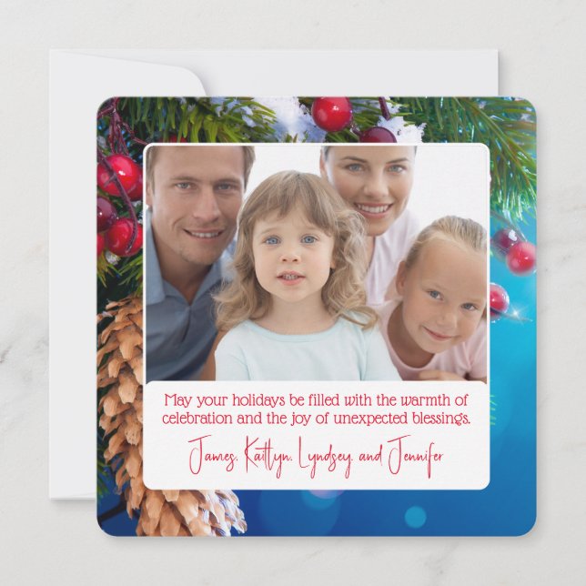 Christmas Tree and Holly Customisable Family Photo Holiday Card (Front)