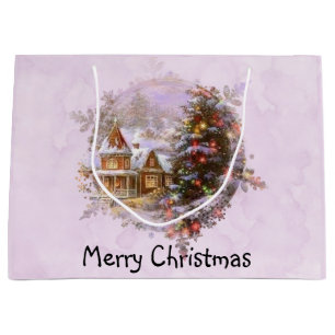 Christmas Tree and House Winter Scene Watercolor Large Gift Bag