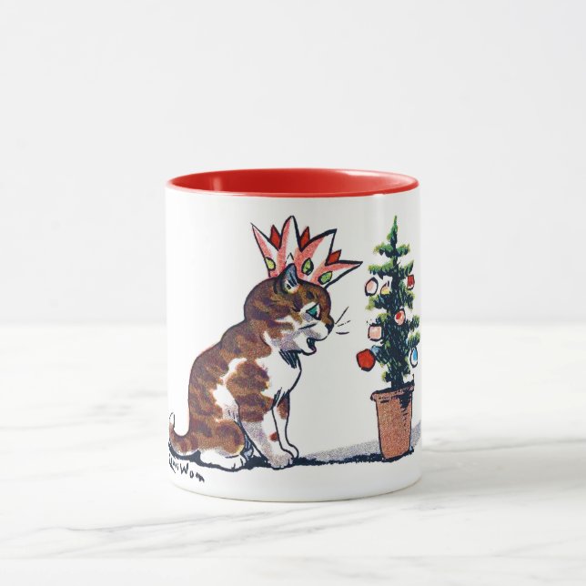 Christmas Tree and Kitten, Louis Wain Mug (Center)