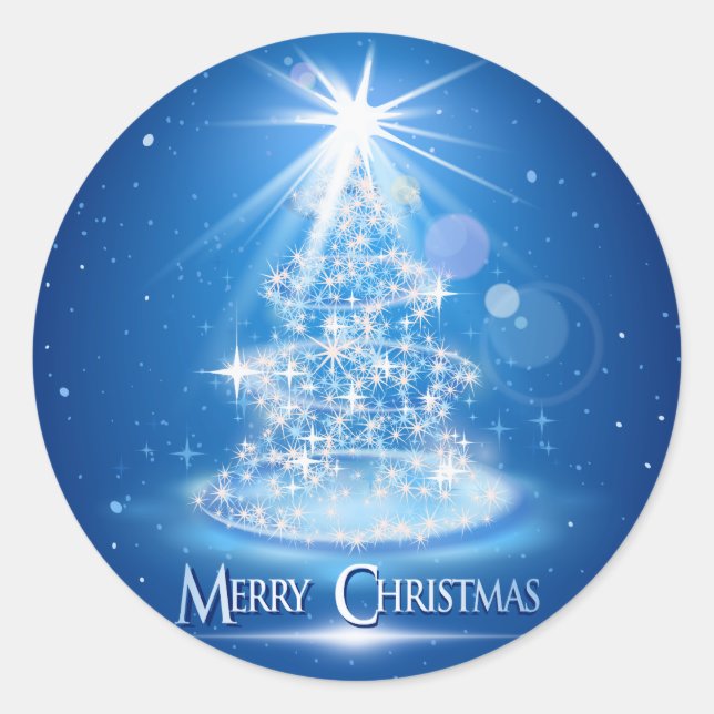 Christmas tree and light over blue background classic round sticker (Front)