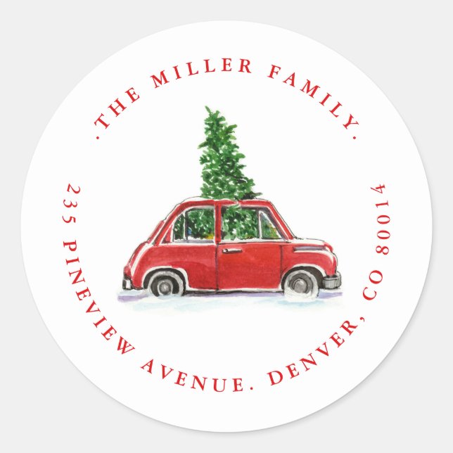 Christmas Tree and Little Red Car Holiday Address  Classic Round Sticker (Front)