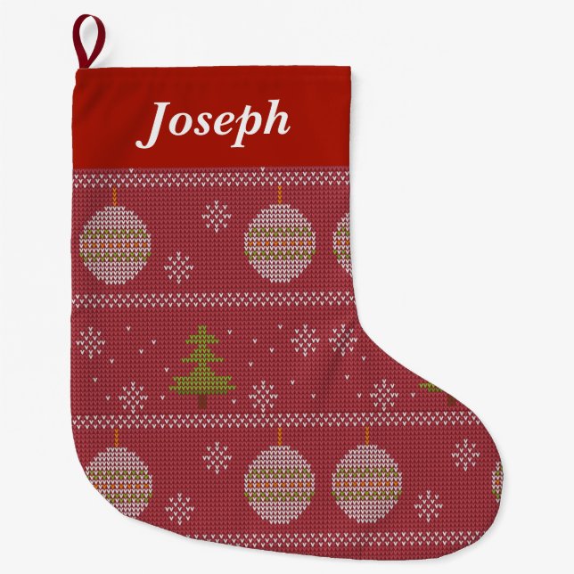 Christmas tree and ornament woven red large christmas stocking (Front)
