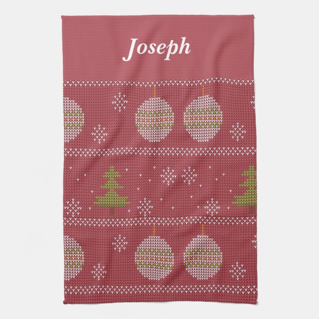 Christmas tree and ornament woven red tea towel (Vertical)