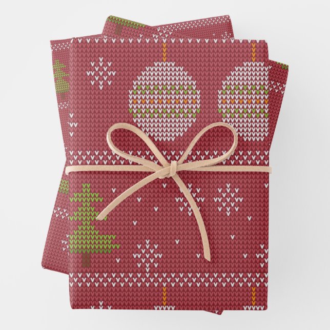 Christmas tree and ornament woven red wrapping paper sheet (In situ)