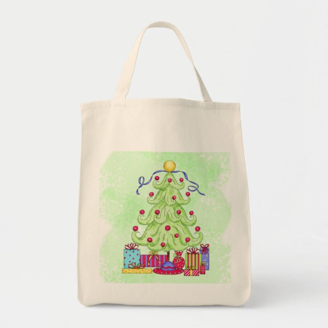Christmas Tree and Presents Original Art Green Tote Bag (Front)