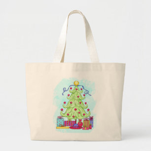 Christmas Tree and Presents Original Art Turquoise Large Tote Bag