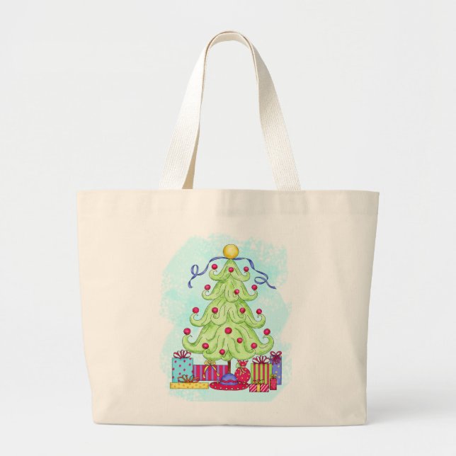 Christmas Tree and Presents Original Art Turquoise Large Tote Bag (Front)