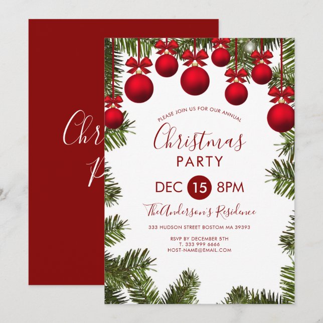 Christmas Tree And Red Balls Invitation (Front/Back)