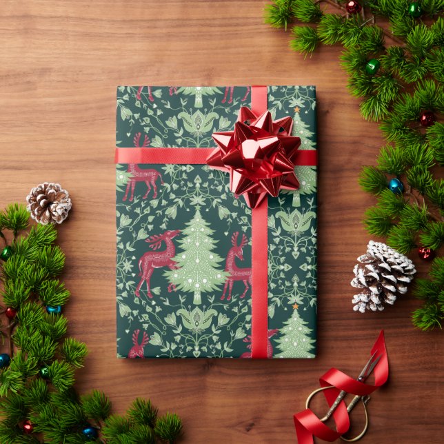 Christmas Tree and Reindeer -Folk Art - Green Wrapping Paper (Holiday Gift)