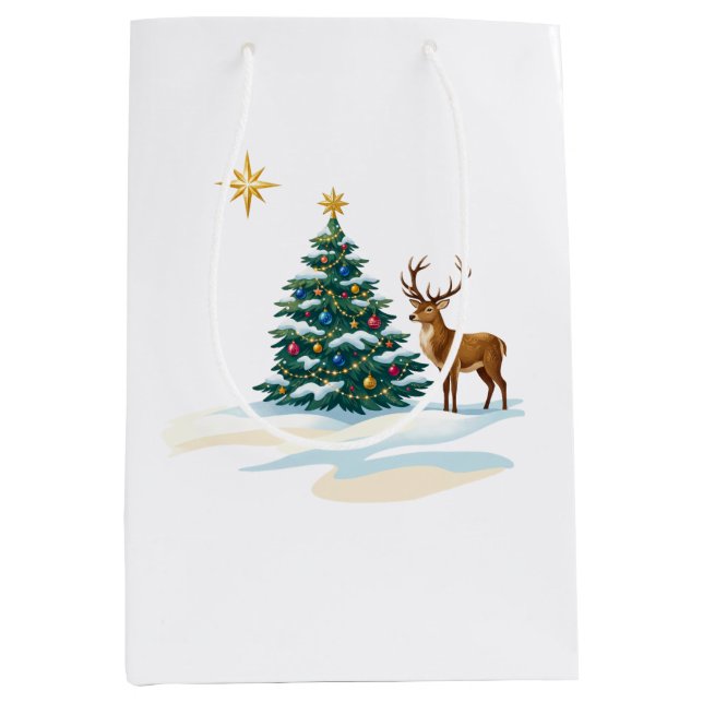 Christmas Tree and Reindeer in Snow Medium Gift Bag (Front)