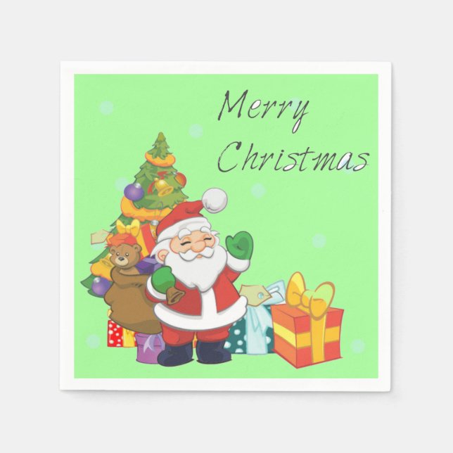 Christmas tree and Santa Merry Christmas green Napkin (Front)