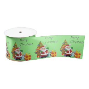 Christmas tree and Santa Merry Christmas green Satin Ribbon