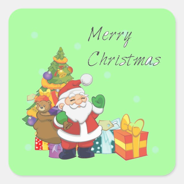 Christmas tree and Santa Merry Christmas green Square Sticker (Front)