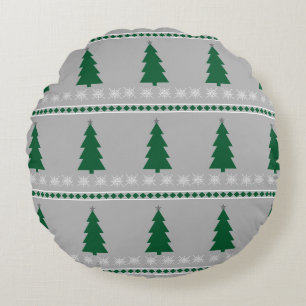 Christmas Tree and Snowflakes Pattern, Round Cushion