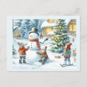 Christmas Tree and Snowman Holiday Postcard