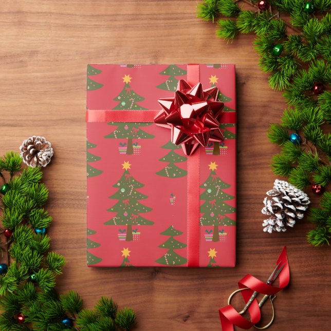 Christmas Tree and Star With Red Background Wrapping Paper (Holiday Gift)