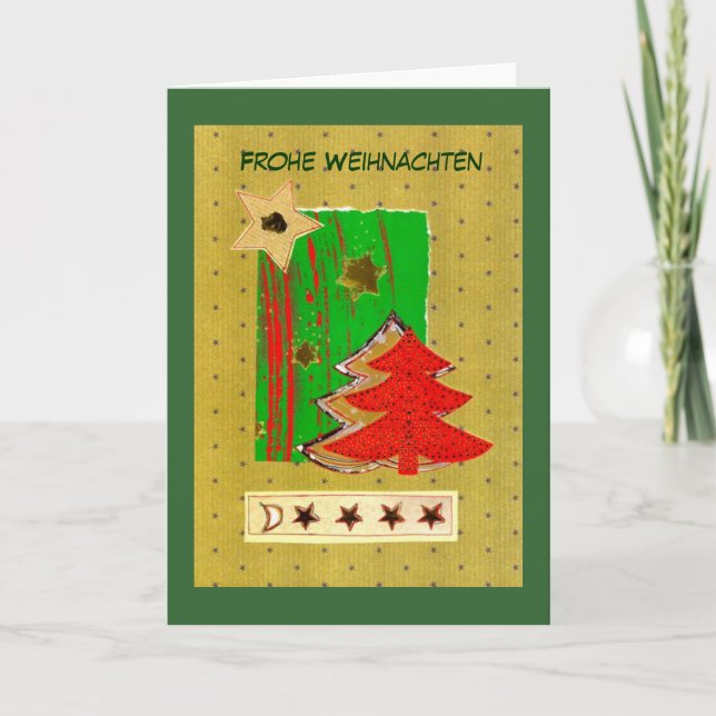 Christmas tree and stars modern in red gold green holiday card (Front)