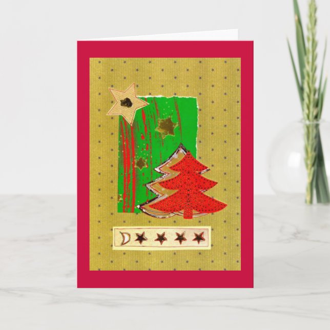 Christmas tree and stars modern in red gold green holiday card (Front)