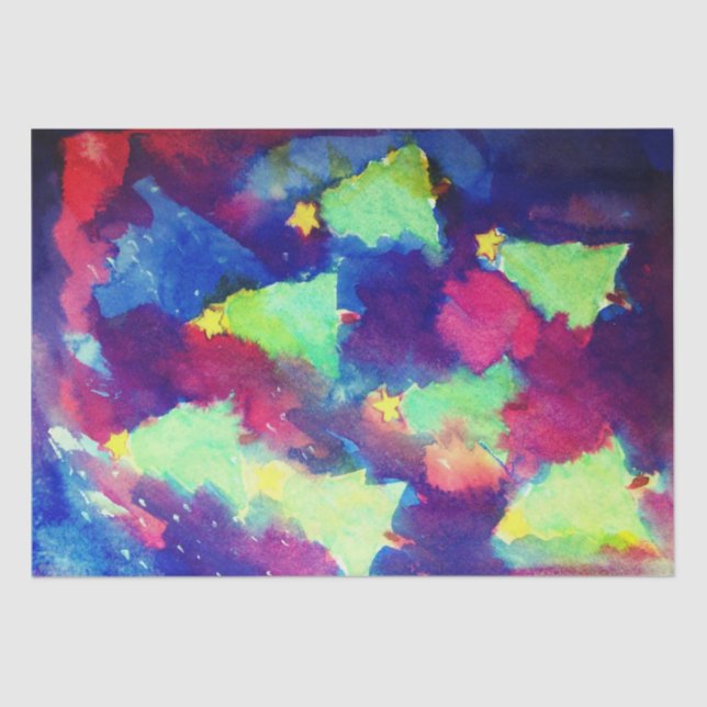 CHRISTMAS TREE AND STARS Watercolor Tissue Paper (Front)