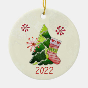 Christmas Tree and Stocking Whimsey Ceramic Tree Decoration