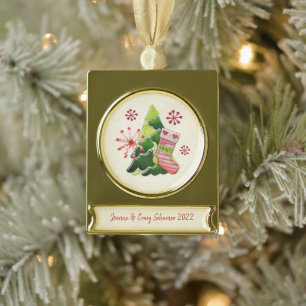 Christmas Tree and Stocking Whimsey Gold Plated Banner Ornament