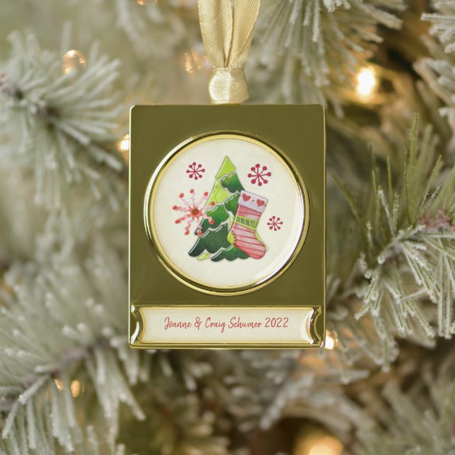 Christmas Tree and Stocking Whimsey Gold Plated Banner Ornament (Tree)