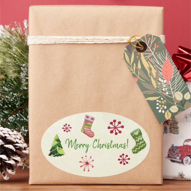 Christmas Tree and Stocking Whimsey Oval Sticker (Holiday)
