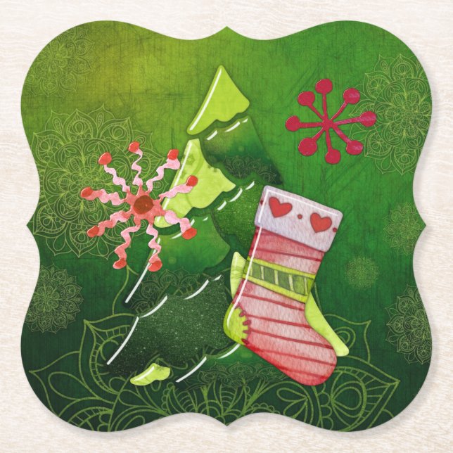 Christmas Tree and Stocking Whimsey Paper Coaster (Front)