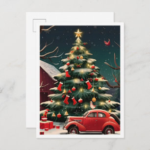 Christmas Tree and Vintage Car Postcard