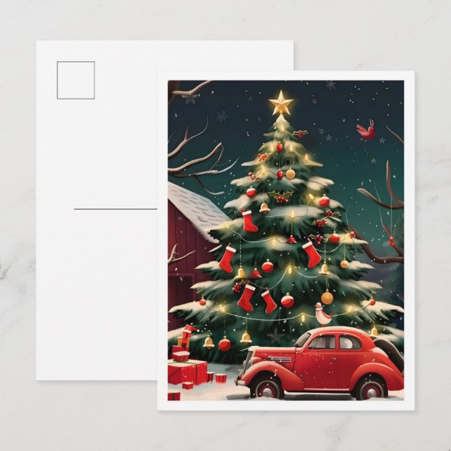Christmas Tree and Vintage Car Postcard (Front/Back)