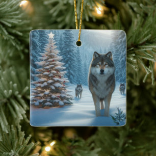 Christmas Tree and Wolves  Ceramic Ornament