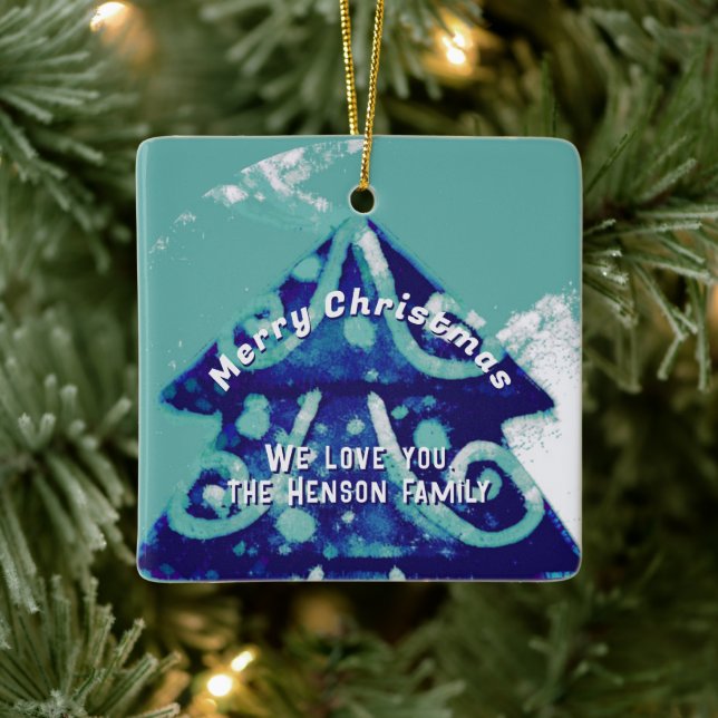 Christmas Tree Artistic Blue Family  Ceramic Ornament (Tree)