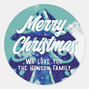 Christmas Tree Artistic Blue Merry Script Classic Round Sticker
