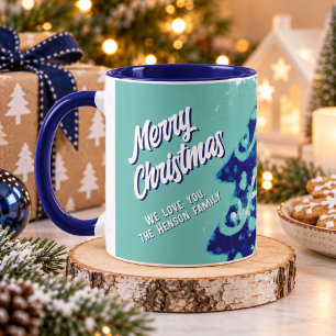 Christmas Tree Artistic Blue Merry Script Family Mug