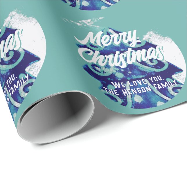 Christmas Tree Artistic Blue Merry Script Wrapping Paper (Roll Corner)