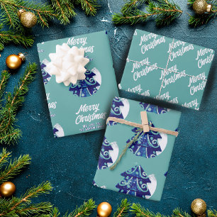 Christmas Tree Artistic Blue Merry Script Wrapping Paper Sheet