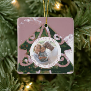 Christmas Tree Artistic Green Pink Family Photo  Ceramic Ornament