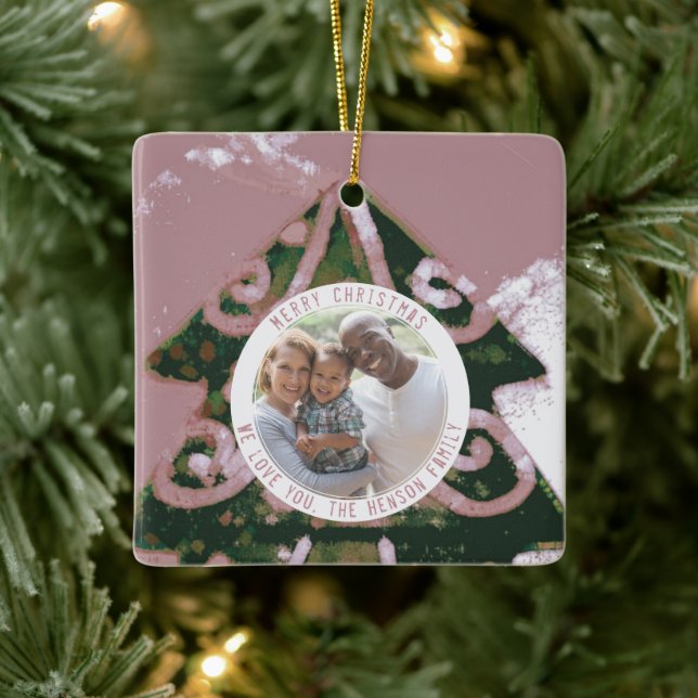 Christmas Tree Artistic Green Pink Family Photo  Ceramic Ornament (Tree)