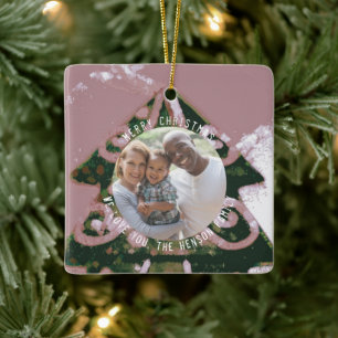 Christmas Tree Artistic Green Pink Family Photo Ceramic Ornament